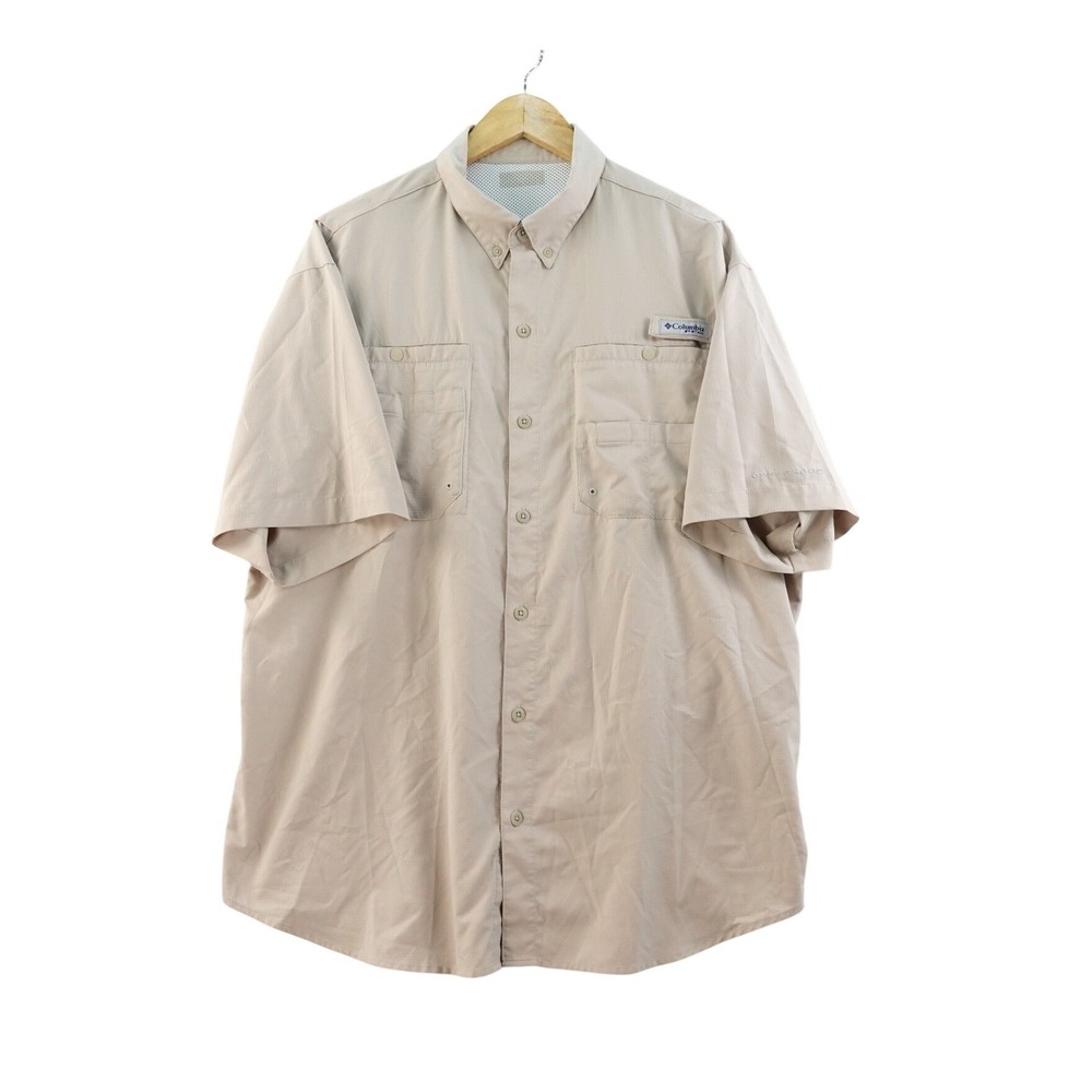 Columbia PFG‎ Mens L Shirt Short Sleeve Button Up Beige Fishing Vented Fishing